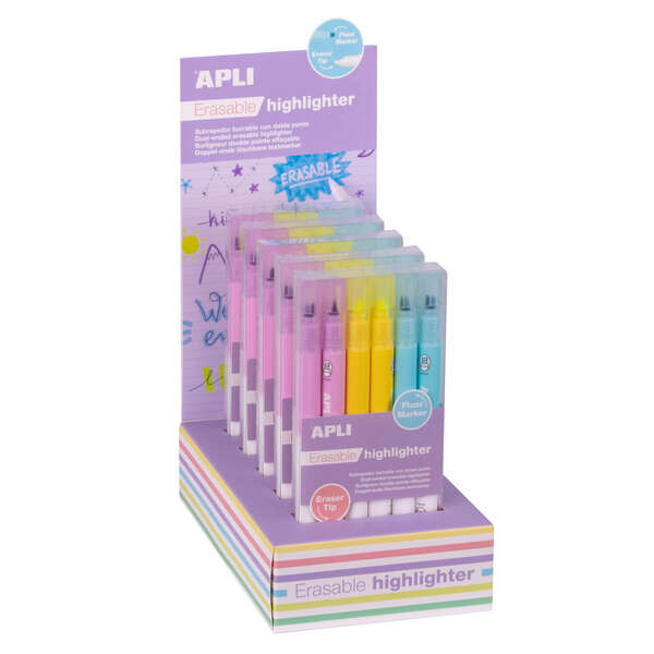 Apli Erasable Highlighter Expositor de 5 Packs de 6 Subrayadores Borrables - Punta Biselada 4mm - Colores Surtidos Apli Erasable Highlighter Expositor de 5 Packs de 6 Subrayadores Borrables - Punta Biselada 4mm - Colores Surtidos