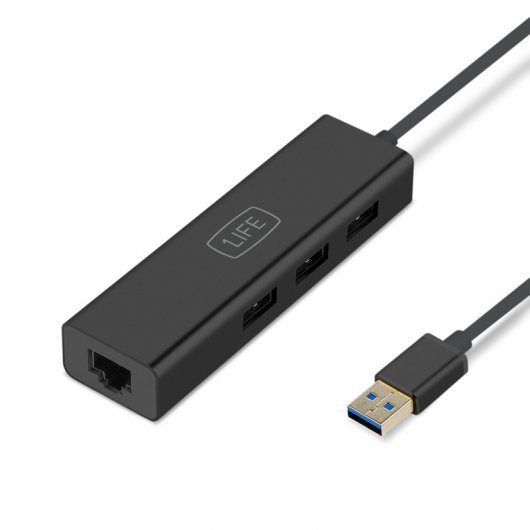 1Life Hub 3 Adaptador USB 3.0/RJ45 + HUB 3x USB 3.0 - Hasta 5Gbps - Cable de 17cm - Color Negro