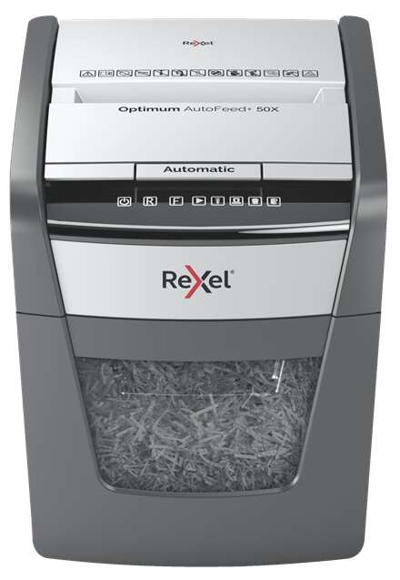 Rexel Optimum AutoFeed 50X Destructora Automatica de Corte en Particulas P-4 - Alimentacion Automatica 50 hojas y Ranura Manual 6 Hojas - Anti Atasco - Capacidad de la Papelera 20L - Color Gris/Plata