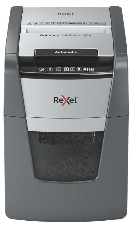 Rexel Optimum AutoFeed 90X Destructora Automatica de Corte en Particulas P-4 - Autoalimentacion 90 Hojas, Manual 8 Hojas - Anti Atasco - Capacidad de la Papelera 35L - Color Gris