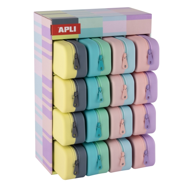 Apli Nordik Bicolor Expositor de 16 Estuches de Silicona Rectangulares Bicolor - Cremallera Repelente al Agua - Medidas 75x185x55mm - Colores Pastel Surtidos Apli Nordik Bicolor Expositor de 16 Estuches de Silicona Rectangulares Bicolor - Cremallera Repelente al Agua - Medidas 75x185x55mm - Colores Pastel Surtidos