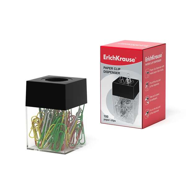 Erichkrause Dispensador Magnetico de Clips - Compacto y Elegante - Incluye 100 Clips de Colores - Color Transparente/Negro