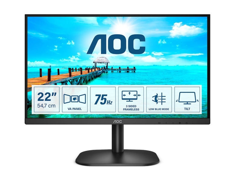 AOC Monitor 21.5\" WLED FullHD 75Hz - Angulo de Vision 178° - HDMI, VGA, Audio - Montaje VESA 100x100 AOC Monitor 21.5\" WLED FullHD 75Hz - Angulo de Vision 178° - HDMI, VGA, Audio - Montaje VESA 100x100