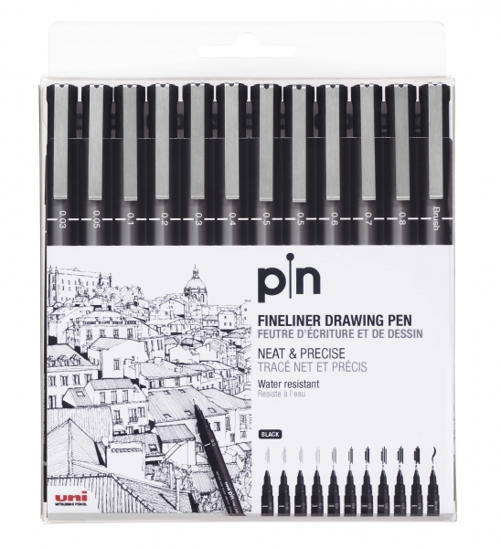 Uni-ball Uni Pin Pack de 12 Rotuladores Calibrados 0.03, 0.05, 0.1, 0.2, 0.3, 0.4, 0.5, 0.6, 0.7, 0.8, Brush - Punta Poliacetal - Tinta Pigmentada Resistente al Agua y Luz - Para Dibujo Profesional y Escritura - Color Negro