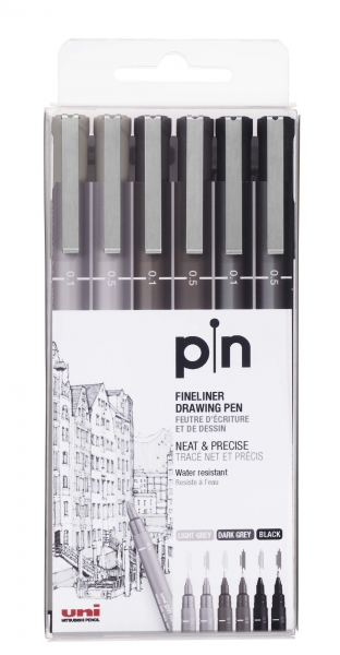 Uni-ball Uni Pin Pack de 6 Rotuladores Calibrados 0.1, 0.5 - Punta Poliacetal - Tinta Pigmentada Resistente al Agua y Luz - Ideal para Dibujo Profesional y Escritura - Colores Negro, Gris Oscuro y Gris Claro