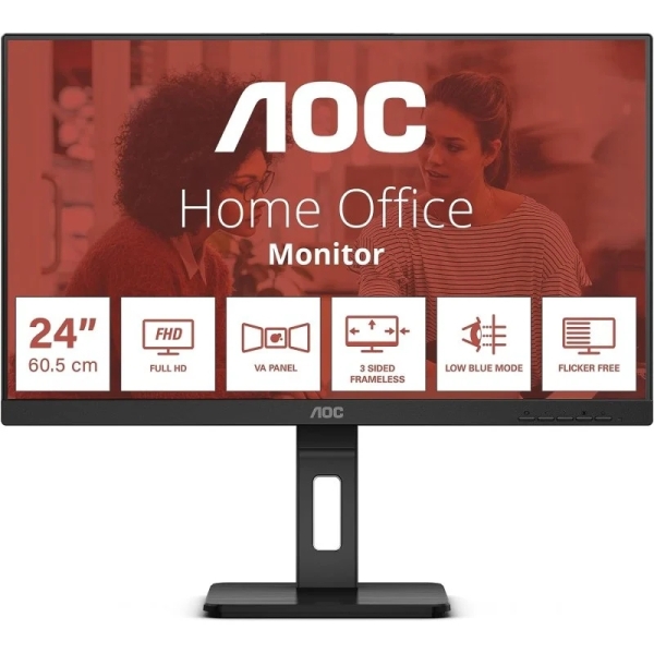 AOC Monitor 24\" LED IPS FullHD 1080p 75Hz - Respuesta 4ms - Ajuste de Altura - Angulo de Vision 178° - Altavoces Incorporados - HDMI, VGA, Audio - Montaje VESA 100x100