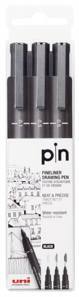 Uni-ball Uni Pin Pack de 3 Rotuladores Calibrados 0.1, 0.3, 0.5 - Punta Poliacetal - Tinta Pigmentada Resistente al Agua y Luz - Ideal para Dibujo Profesional y Escritura - Color Negro