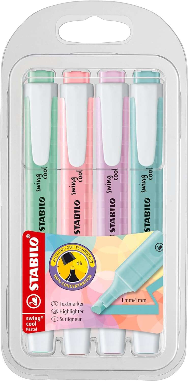 Stabilo Swing Cool Pastel Pack de 4 Marcadores Fluorescentes - Cuerpo Plano - Punta Biselada - Trazo entre 1 y 4mm - Tinta con Base de Agua - Colores Surtidos