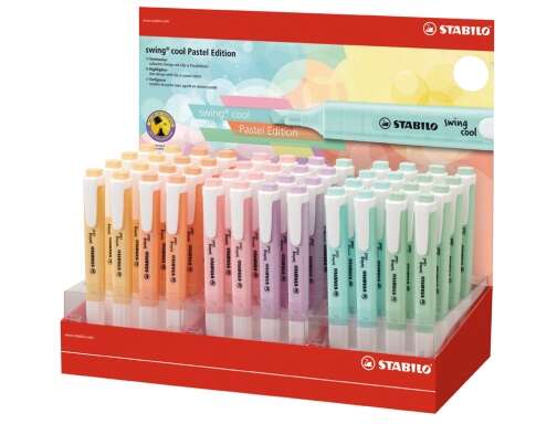 Stabilo Swing Cool Pastel Expositor de 48 Marcadores Fluorescentes - Cuerpo Plano - Punta Biselada - Trazo entre 1 y 4mm - Tinta con Base de Agua - Colores Surtidos