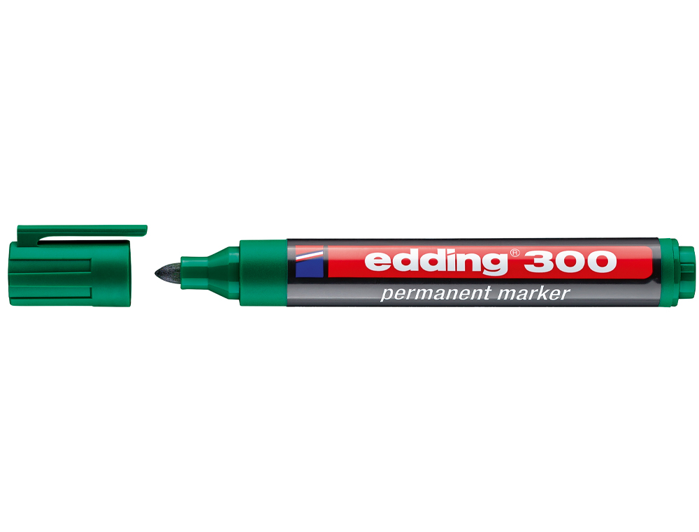 Edding 300 Rotulador Permanente - Punta Redonda - Trazo entre 1.5 y 3 mm. - Tinta Casi Inodora - Capuchon con Clip - Secado Rapido - Color Verde