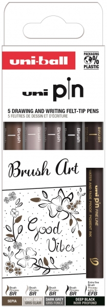 Uni-ball Uni Pin Brush Art Pack de 5 Rotuladores Calibrados Brush y Brush Extra Fino - Punta Poliacetal - Tinta Pigmentada Resistente al Agua y a la Luz - Colores Negro, Gris y Sepia