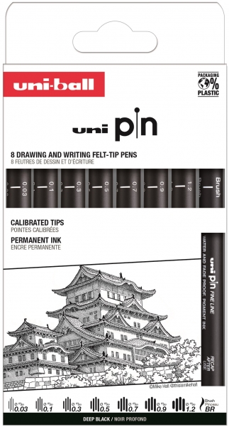 Uni-ball Uni Pin Clasico I Pack de 8 Rotuladores Calibrados 0.03, 0.1, 0.3, 0.5, 0.7, 0.9, 1.2 y Brush - Punta Poliacetal - Tinta Pigmentada Resistente al Agua y Luz - Color Negro