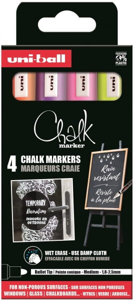 Uni-ball Chalk PWE-5M Pack de 4 Marcadores de Tiza Liquida - Punta Conica 1.8-2.5mm - Borrado en Humedo - Resistente a la Lluvia - Ideal para Pizarras y Vidrio - Colores Violeta, Amarillo, Naranja y Rosa