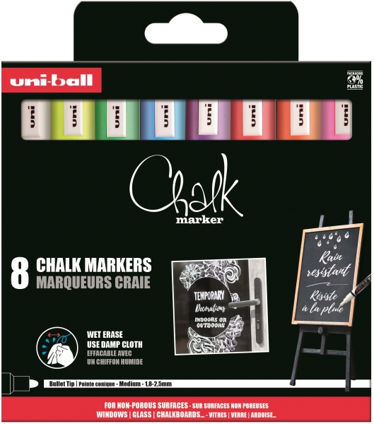 Uni-ball Chalk PWE-5M Pack de 8 Marcadores de Tiza Liquida - Punta Conica 1.8-2.5mm - Borrado en Humedo - Resistente a la Lluvia - Colores Surtidos