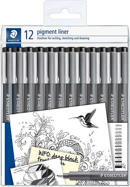 Staedtler Pigment Liner 308 Pack de 12 Rotuladores Calibrados - Tamaños de Puntas Surtidos - Color Negro
