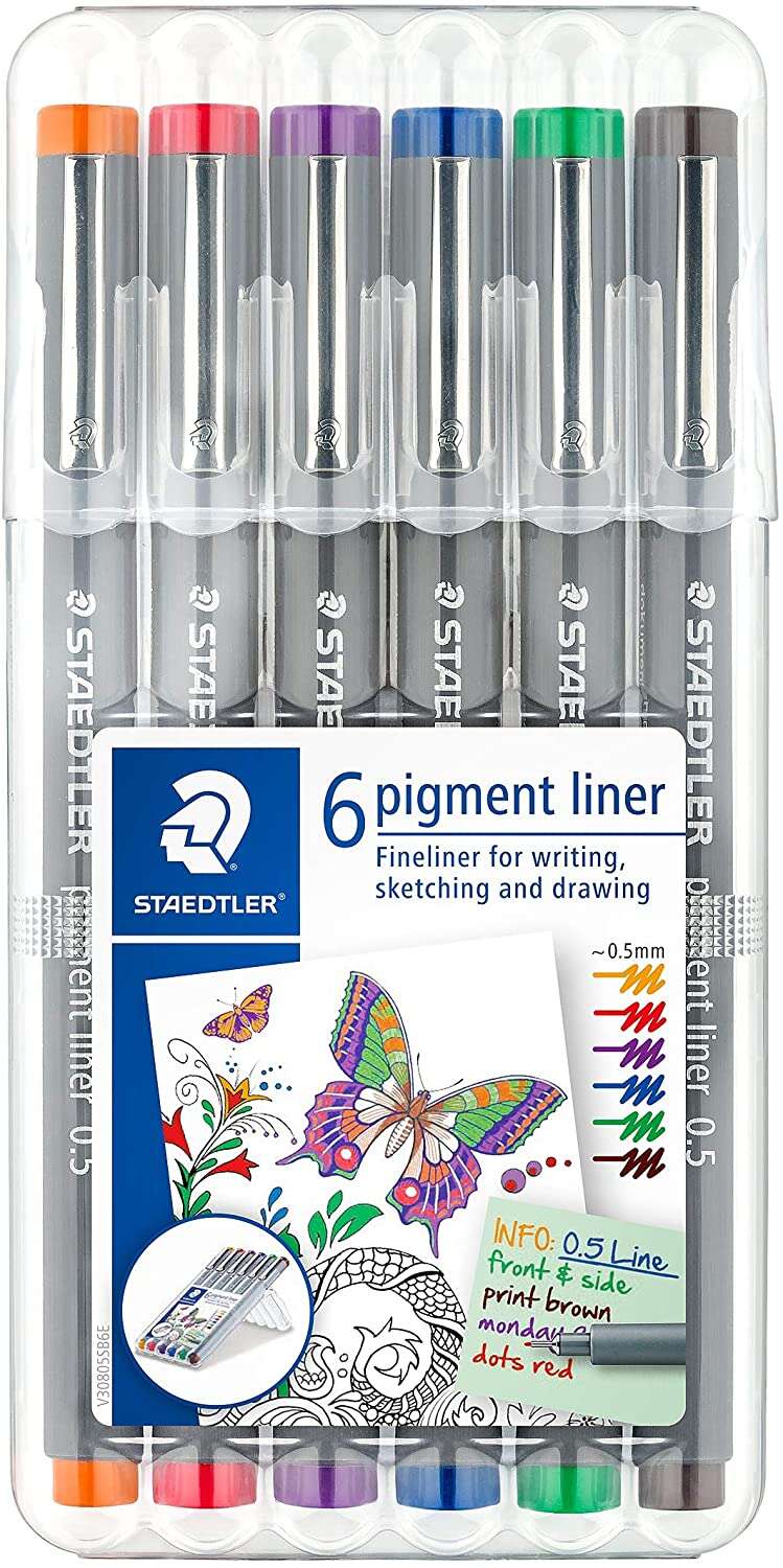 Staedtler Pigment Liner 308 Pack de 6 Rotuladores Calibrados - Trazo 0.5mm - Secado Rapido - Colores Surtidos