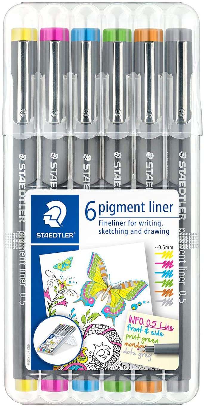 Staedtler Pigment Liner 308 Pack de 6 Rotuladores Calibrados - Trazo 0.5mm - Secado Rapido - Colores Surtidos