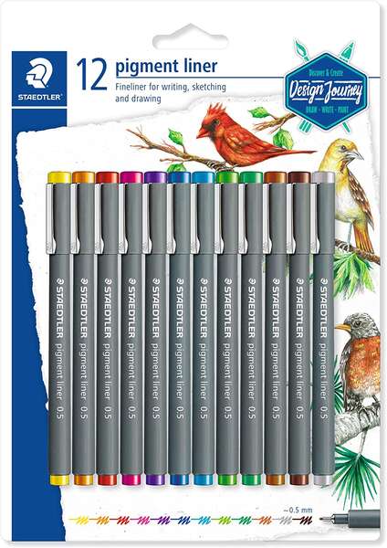 Staedtler Pigment Liner 308 Pack de 12 Rotuladores Calibrados - Trazo 0.5mm - Secado Rapido - Colores Surtidos