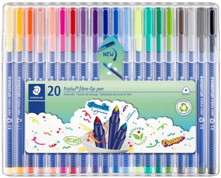 Staedtler Triplus Color 323 Pack con 20 Rotuladores - Trazo de 1mm aprox. - Tinta Base de Agua - 97% de Plastico Reciclado - Colores Surtidos
