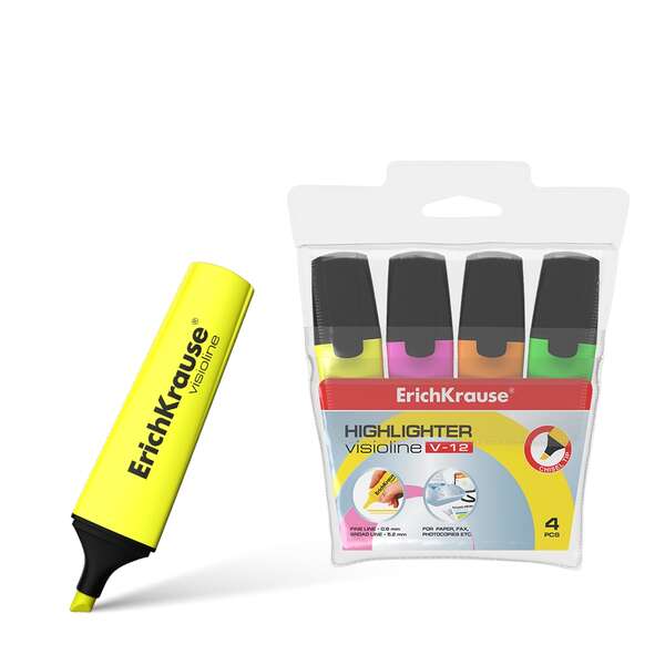 Erichkrause Visioline V-12 Pack de 4 Marcadores Fluorescentes - Punta Biselada - Tinta a Base de Agua - Colores Naranja, Rosa, Verde y Amarillo Erichkrause Visioline V-12 Pack de 4 Marcadores Fluorescentes - Punta Biselada - Tinta a Base de Agua - Colores Naranja, Rosa, Verde y Amarillo