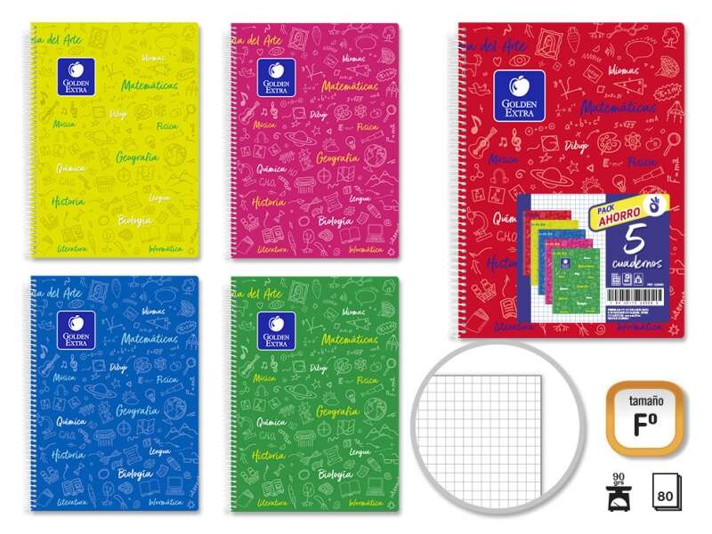 Golden Pack de 5 Cuadernos Asignatura Folio 80 Hojas 90gr Cuadricula 4x4 - Resistente - Tapa Plastica - Ideal para Estudiantes - Colores Surtidos