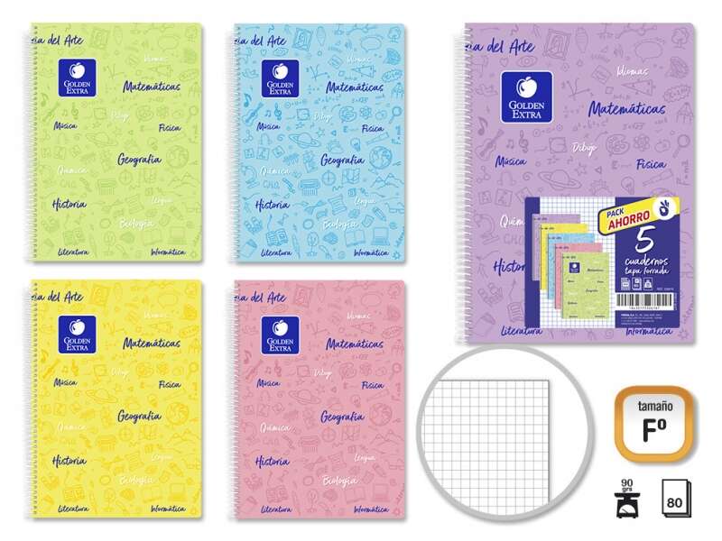 Golden Pack de 5 Cuadernos Folio 80 Hojas 90gr Cuadricula 4x4 - Resistente - Ideal para Estudiantes - Tapa Forrada - Colores Pastel Surtidos