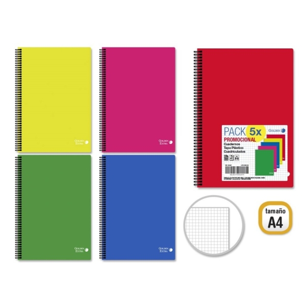 Golden Basic Pack de 5 Cuadernos A4 80 Hojas 90gr Cuadricula 4x4 - Ideal para Estudiantes - Tapa Polipropileno - Colores Surtidos