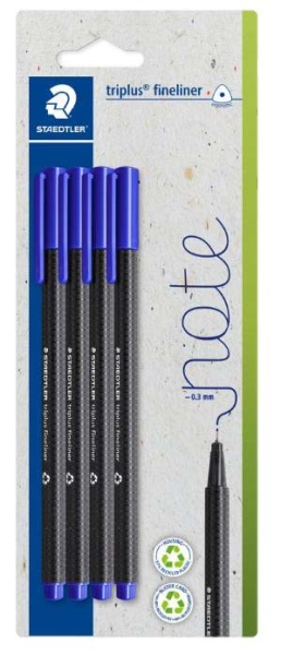 Staedtler Triplus Fineliner 334 Pack de 4 Rotuladores de Punta Fina - Trazo de 0.3mm aprox. - Tinta Antisecado a Base de Agua - Carcasa Fabricada en un 97% de Plastico Reciclado - Color Azul