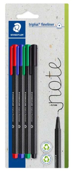 Staedtler Triplus Fineliner 334 Pack de 4 Rotuladores de Punta Fina - Trazo de 0.3mm aprox. - Tinta Antisecado a Base de Agua - Carcasa Fabricada en un 97% de Plastico Reciclado - Colores Surtidos