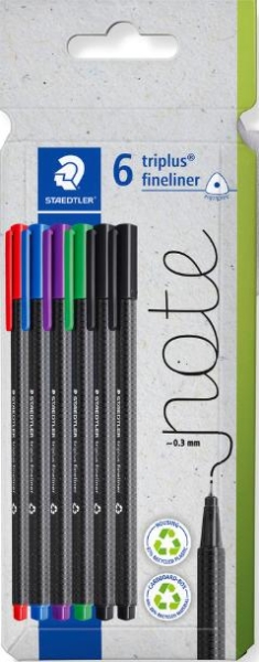 Staedtler Triplus Fineliner 334 Pack de 6 Rotuladores de Punta Fina - Trazo de 0.3mm aprox. - Tinta Antisecado a Base de Agua - Carcasa Fabricada en un 97% de Plastico Reciclado - Colores Surtidos