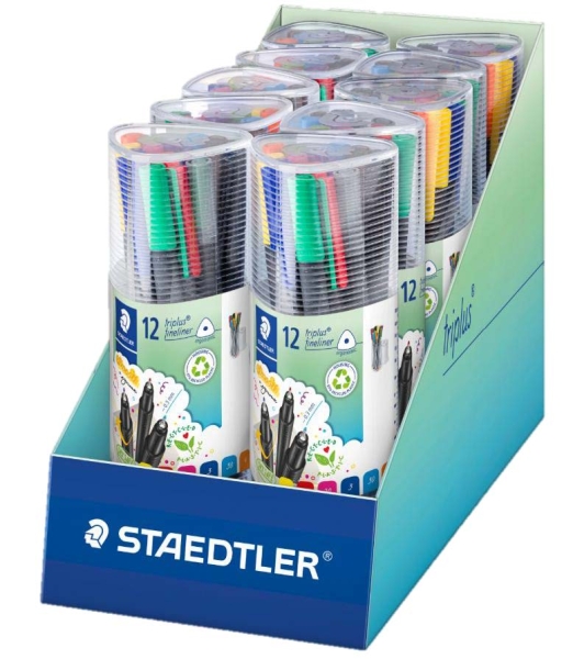Staedtler Triplus Fineliner 334 Expositor con 10 Packs de 12 Rotuladores Punta Fina - Trazo 0.3 mm aprox. - Tinta Base de Agua - 97% de Plastico Reciclado - Colores Surtidos