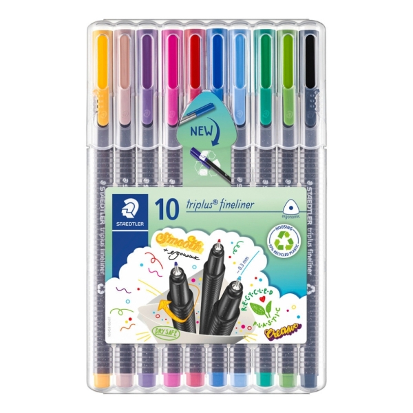 Staedtler Triplus Fineliner 334 Pack de 10 Rotuladores de Punta Fina - Trazo 0.3 mm aprox. - Tinta Base de Agua - 97% de Plastico Reciclado - Colores Surtidos