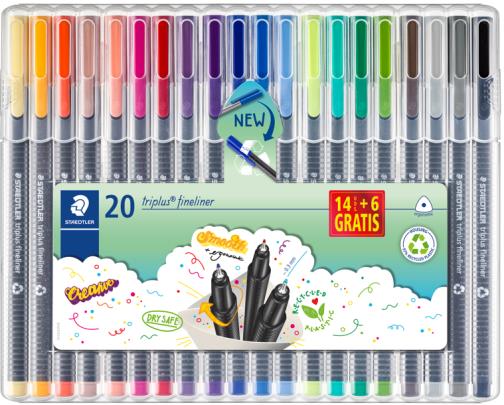 Staedtler Triplus Fineliner 334 Pack de 20 Rotuladores de Punta Fina - Trazo 0.3 mm Aprox - Tinta Base de Agua - 97% de Plastico Reciclado - Colores Surtidos