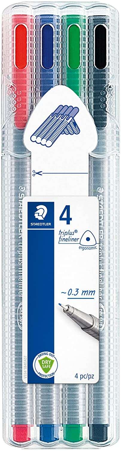 Staedtler Triplus Fineliner 334 Pack de 4 Rotuladores de Punta Fina - Trazo 0.3 mm Aprox - Tinta Base de Agua - Colores Surtidos