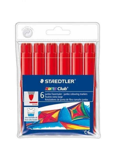 Staedtler Noris Jumbo 340 Pack de 6 Rotuladores Jumbo - Punta de Fibra - Trazo 3mm - Tapa Ventilada - Color Rojo