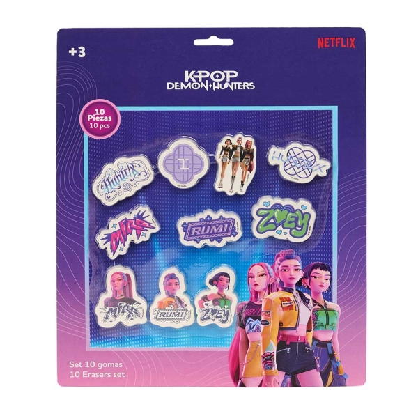 Safta K-Pop Demon Hunters Pack de 10 Gomas de Borrar - 10 Motivos Diferentes - Presentado en Blister - 25x30cm - Multicolor Safta K-Pop Demon Hunters Pack de 10 Gomas de Borrar - 10 Motivos Diferentes - Presentado en Blister - 25x30cm - Multicolor