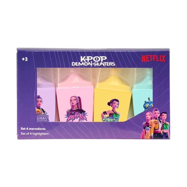 Safta K-Pop Demon Hunters Pack de 4 Marcadores Fluorescentes - Punta Biselada - Colores Surtidos Safta K-Pop Demon Hunters Pack de 4 Marcadores Fluorescentes - Punta Biselada - Colores Surtidos