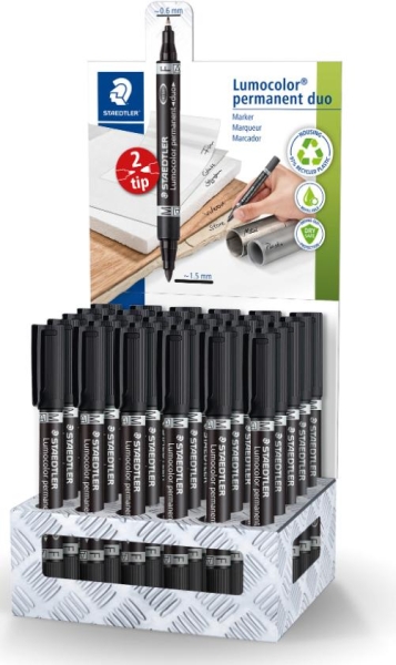 Staedtler Lumocolor 348 Expositor con 30 Rotuladores Permanentes de Doble Punta - Secado Rapido - Color Negro