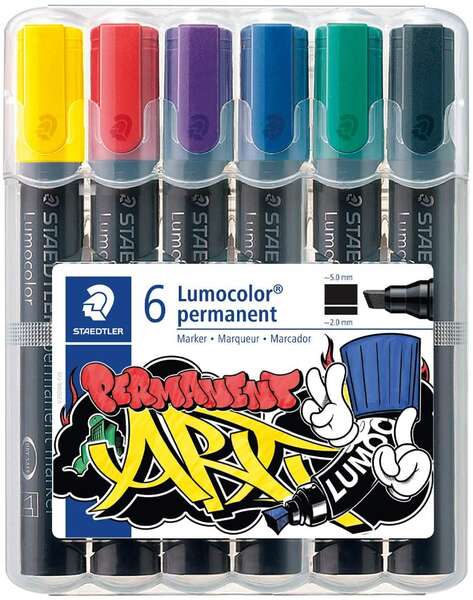 Staedtler Lumocolor 350 Pack de 6 Rotuladores Permanentes - Punta Biselada - Colores Surtidos