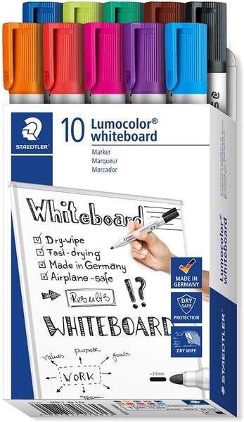 Staedtler Lumocolor 351 Pack de 10 Marcadores para Pizarra Blanca - Punta 2mm Aprox - Secado Rapido - Colores Surtidos
