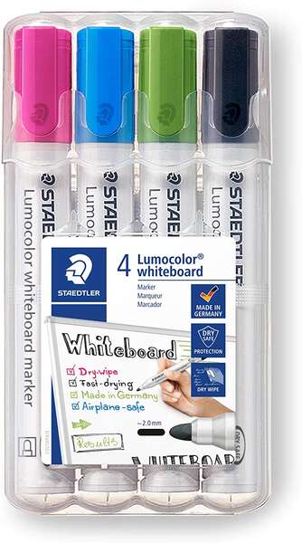 Staedtler Lumocolor 351 Pack de 4 Marcadores para Pizarra Blanca - Secado Rapido - Colores Surtidos
