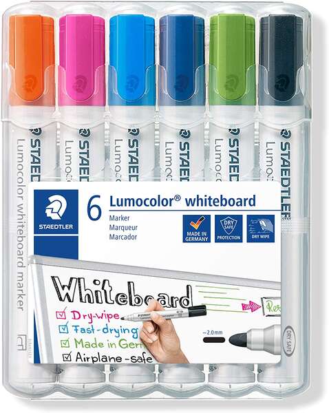 Staedtler Lumocolor 351 Pack de 6 Marcadores para Pizarra Blanca - Secado Rapido - Colores Surtidos