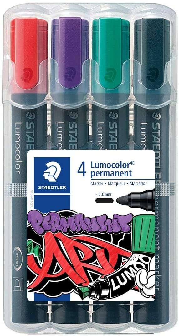 Staedtler Lumocolor 352 Pack de 4 Marcadores Permanentes - Secado Rapido - Practico Estuche de Sobremesa - Colores Rojo, Morado, Verde y Negro