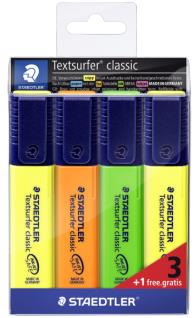 Staedtler Textsurfer Classic 364 Pack de 4 Marcadores Fluorescentes - Secado Rapido - Trazo 1 - 5mm Aprox - Colores Surtidos