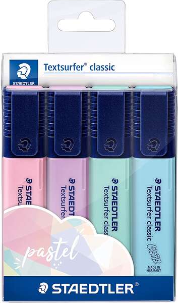 Staedtler Textsurfer Classic 364 Pack de 4 Marcadores Fluorescentes - Secado Rapido - Trazo 1 - 5mm Aprox - Colores Pastel Surtidos