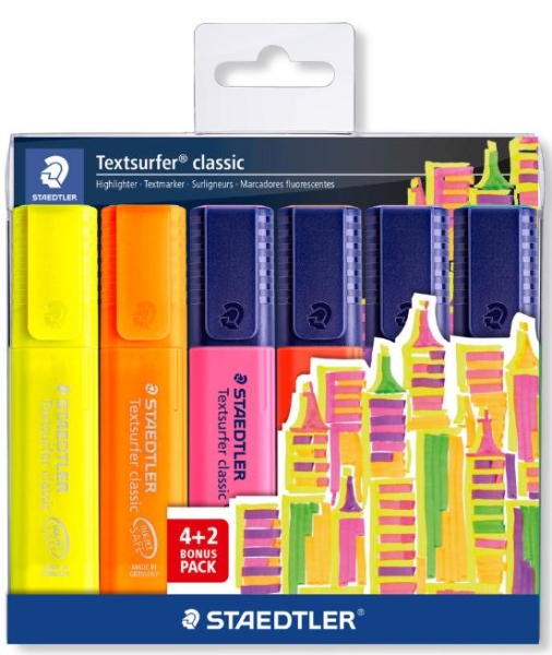 Staedtler Textsurfer Classic 364 Pack de 6 Marcadores Fluorescentes - Secado Rapido - Trazo 1 - 5mm Aprox - Colores Surtidos