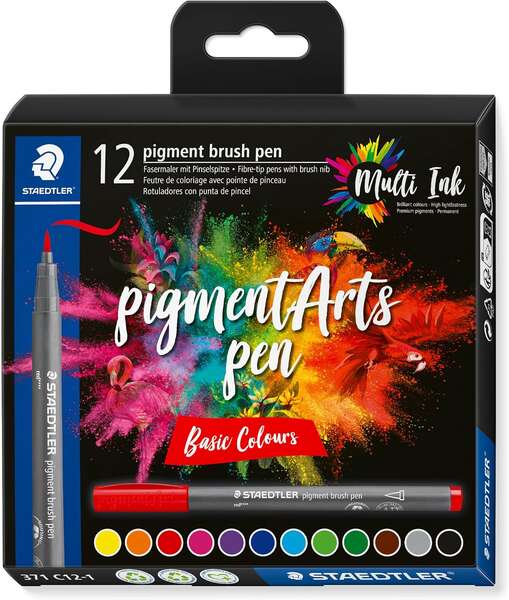 Staedtler 371 Pack de 12 Rotuladores Punta de Pincel Suave - Colores Vivos y Brillantes - No Amarillea con el Paso del Tiempo - Nueva Tinta Multi Ink - Pigmentos de Primera Calidad - Colores Surtidos