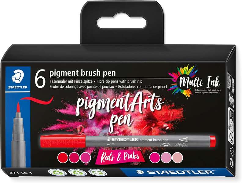 Staedtler 371 Pack de 6 Rotuladores Punta de Pincel Suave - Colores Vivos y Brillantes - No Amarillea con el Paso del Tiempo - Nueva Tinta Multi Ink - Pigmentos de Primera Calidad - Colores Rojos/Rosas Surtidos