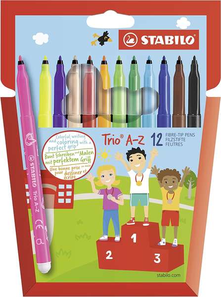 Stabilo Trio AZ Pack de 12 Rotulador de Punta Fina de Fibra - Trazo 0.7mm - Tinta Super Lavable - Forma Triangular - Colores Surtidos