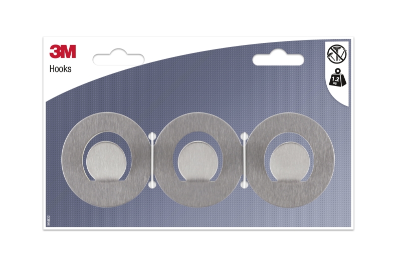 3M Ganchos Adhesivos en Barra Metalica - Barra con 3 Ganchos - Soporta hasta 1.2kg - Color Gris/Titanio